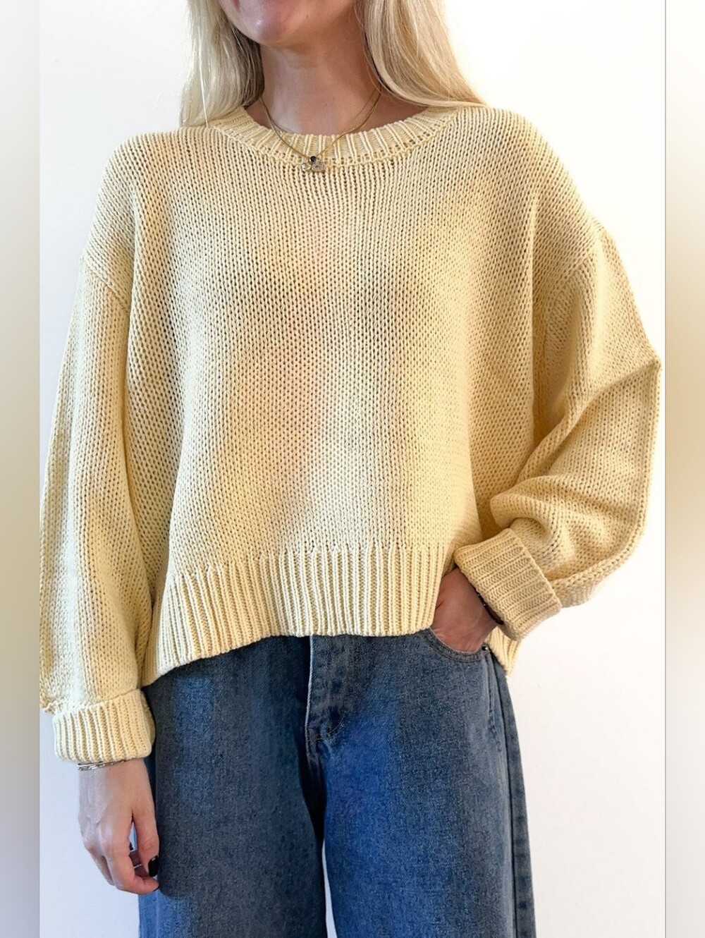Neutral Ground Yellow Oversized Chunky Crew Neck Knit Balloon Sleeve Sweater L
